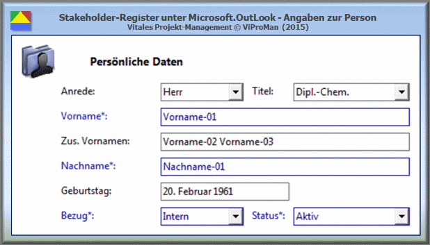 Stakeholder-Register unter Microsoft.OutLook - Angaben zur Person [ViProMan, 10.2015]