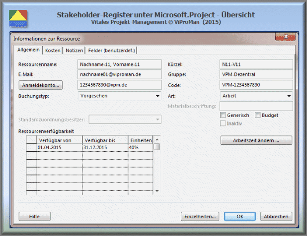 Stakeholder-Register unter Microsoft.Project - Register "Allgemein" [ViProMan, 10.2015]